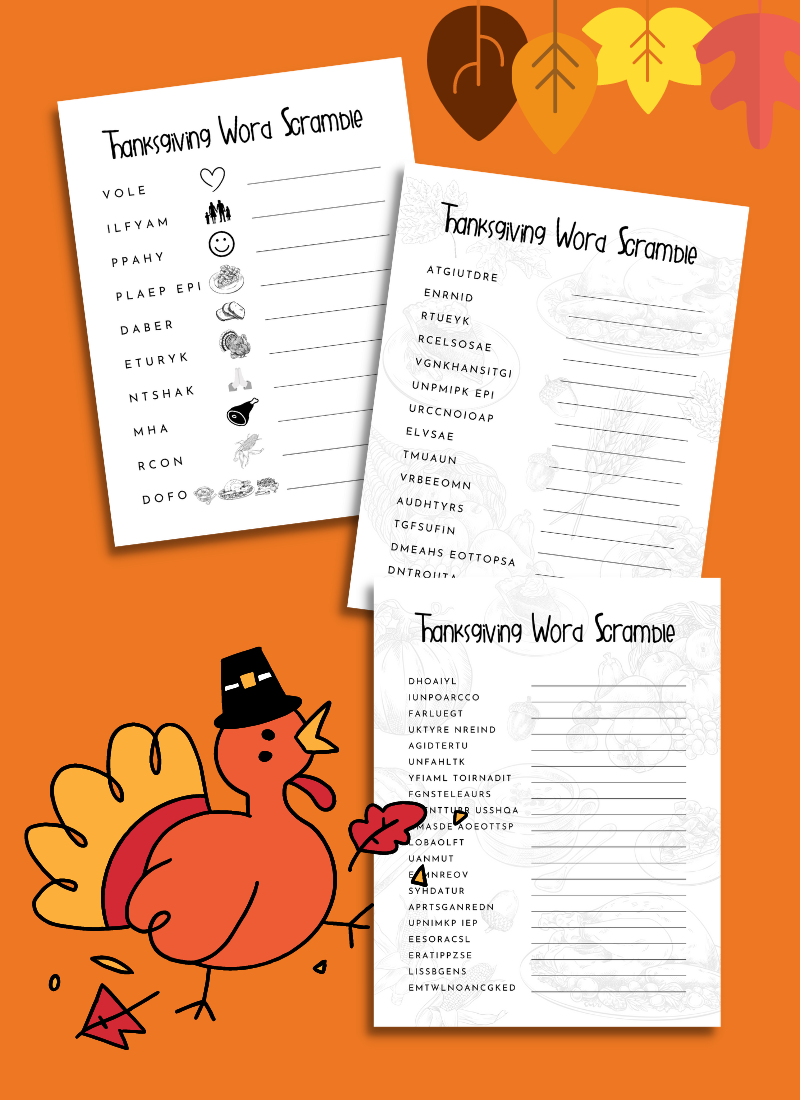 Thanksgiving Word Scramble - Free Printable PDF Set Of 3 - Fickle Hobbyist